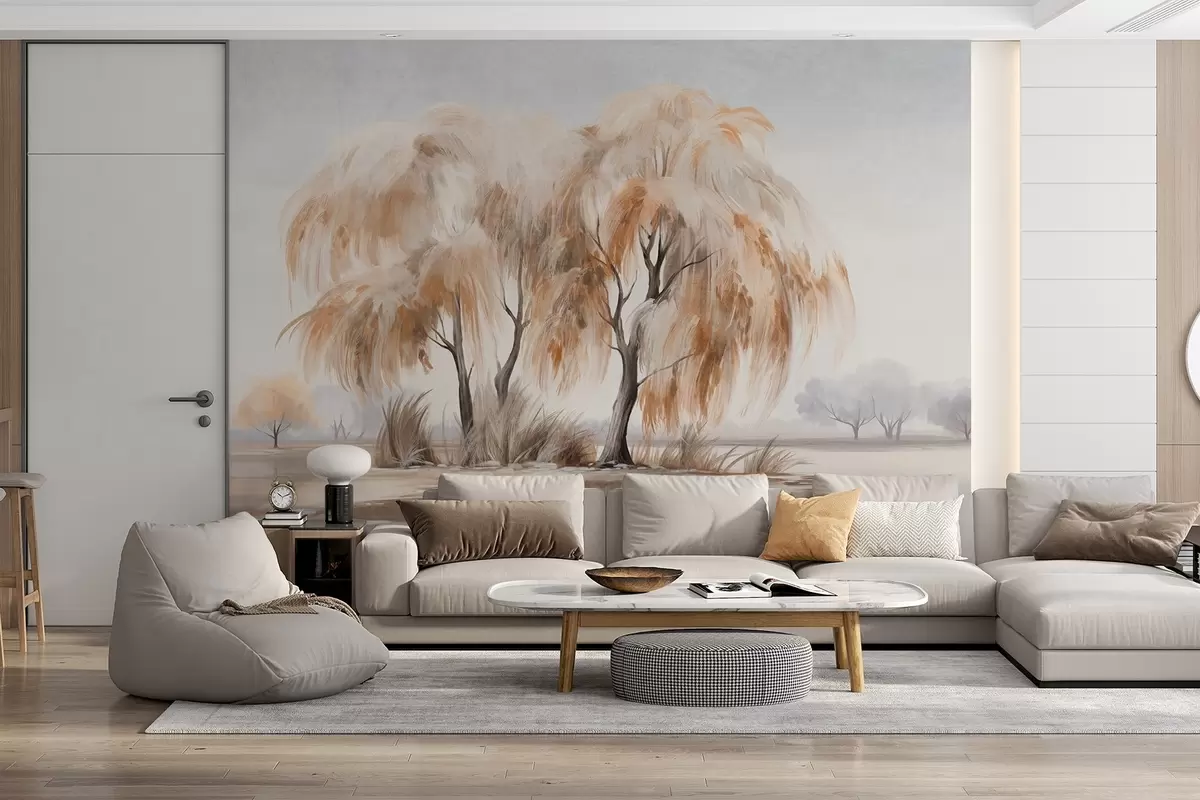 Fototapete Strukturierte Weidenbäume mit braunen und weißen Blättern am Ufer eines Sees, mit etwas Gras um sie herum, an einem nebligen Tag w09268