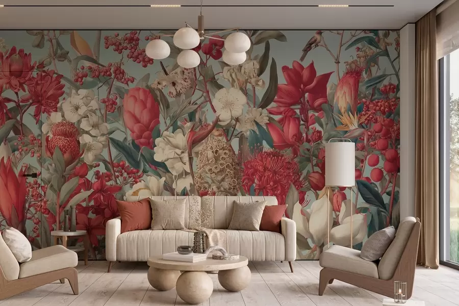 Fototapete strukturierte tropische Blumen auf blauem Hintergrund w04209