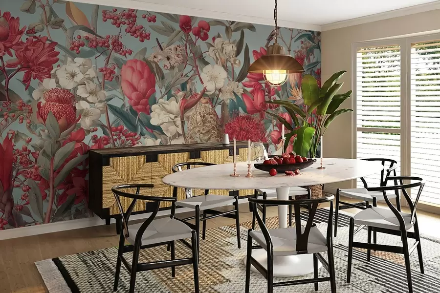 Fototapete strukturierte tropische Blumen auf blauem Hintergrund w04209