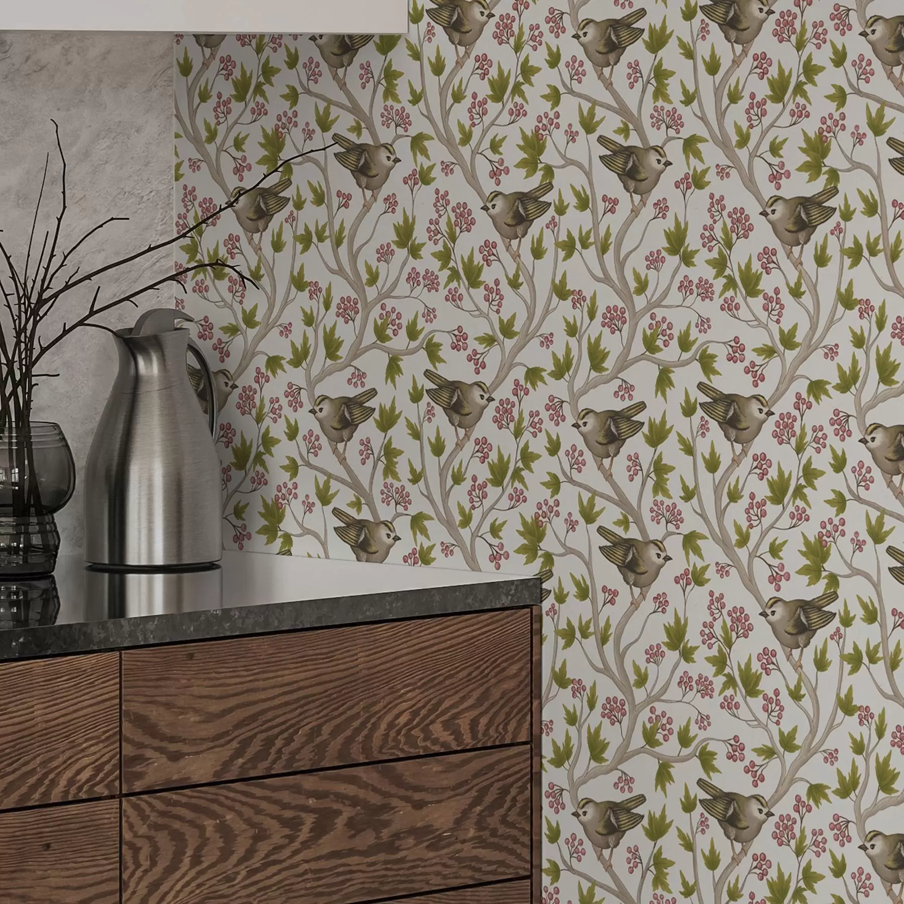 Fototapete Vögel auf Zweigen mit Blättern und Beeren auf einem weißen Hintergrund a00283