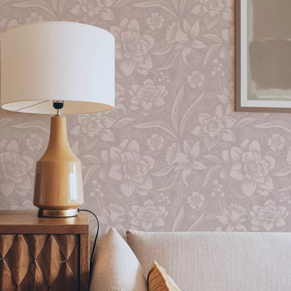 Tapete Monochromes Blumenmuster mit Narzissen auf cremefarbenem Hintergrund a00294