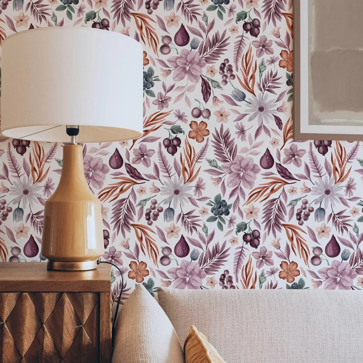 Tapete Helle Beeren, Blumen und Blätter im Aquarellstil a00298