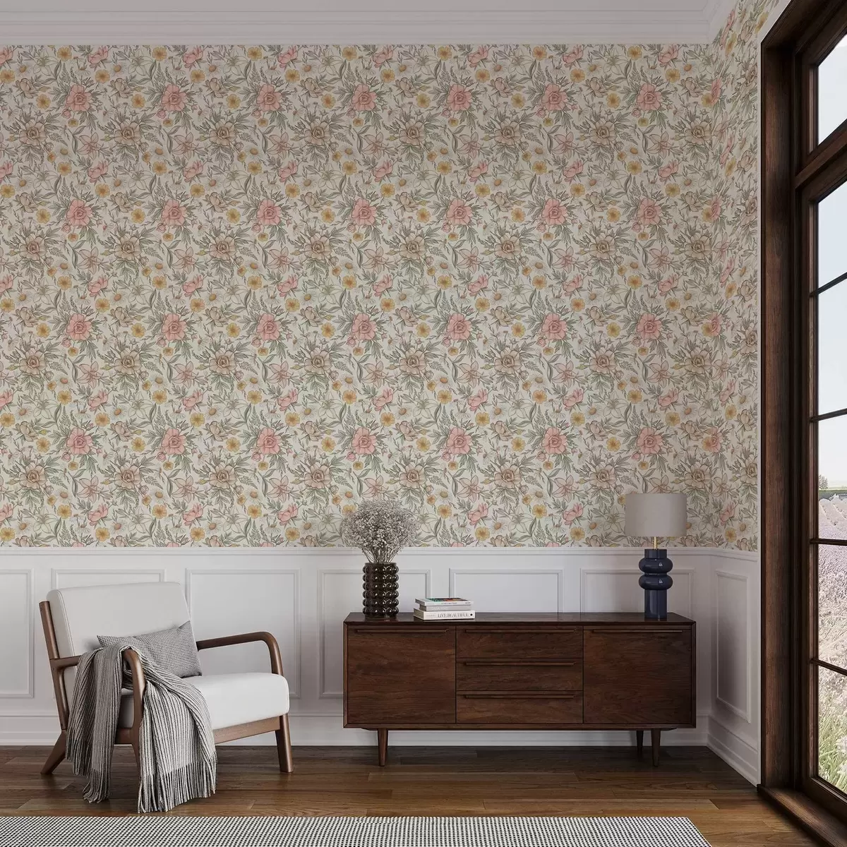 Tapete Gänseblümchen, Pfingstrosen, Lilien und Blätter in zarten Farben a00299