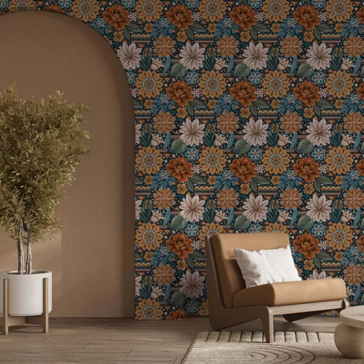 Tapete Helle dekorative Blumen mit geometrischen Elementen a00305