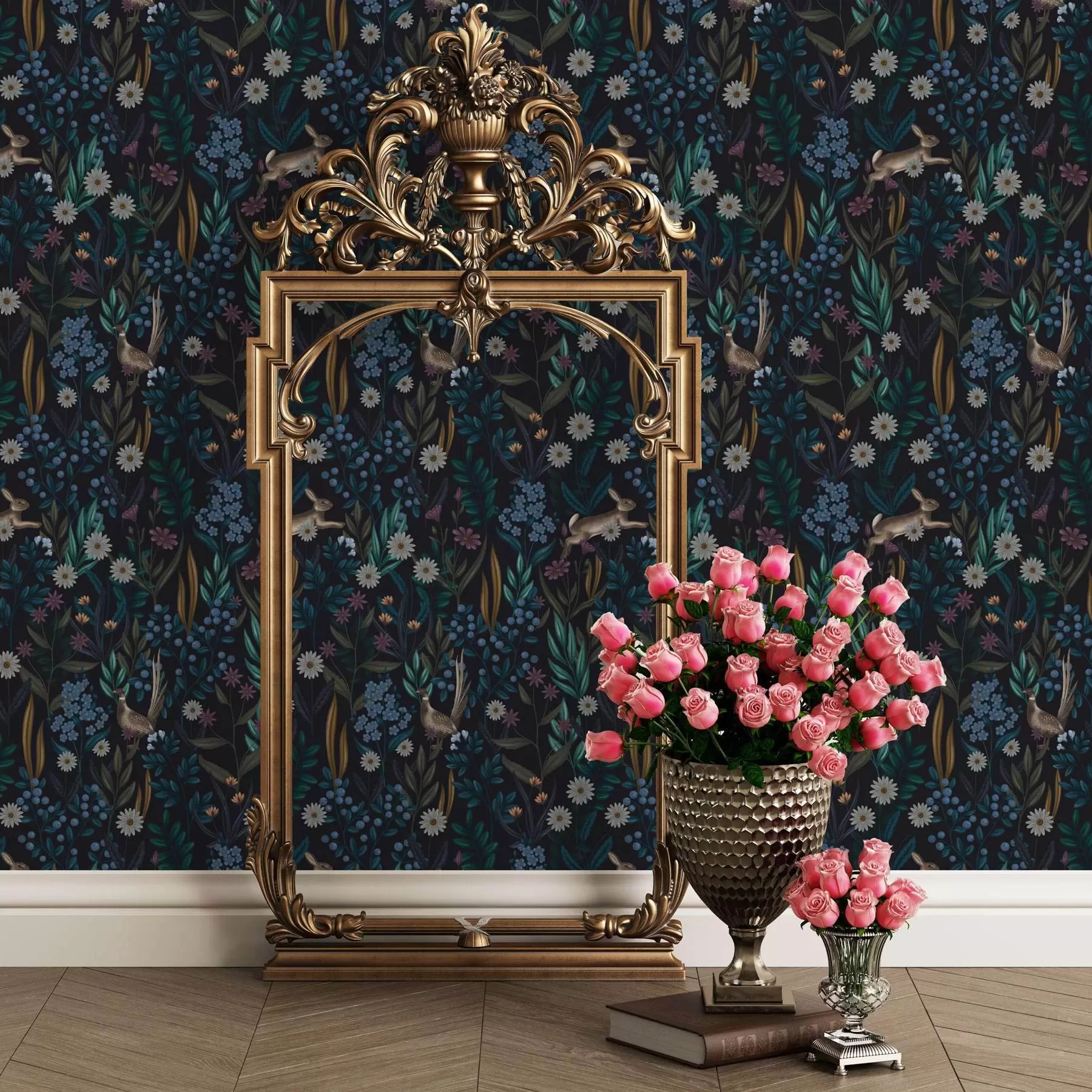 Fototapete Dunkler Wald mit Blumen, Hasen und einem Vogel a00310