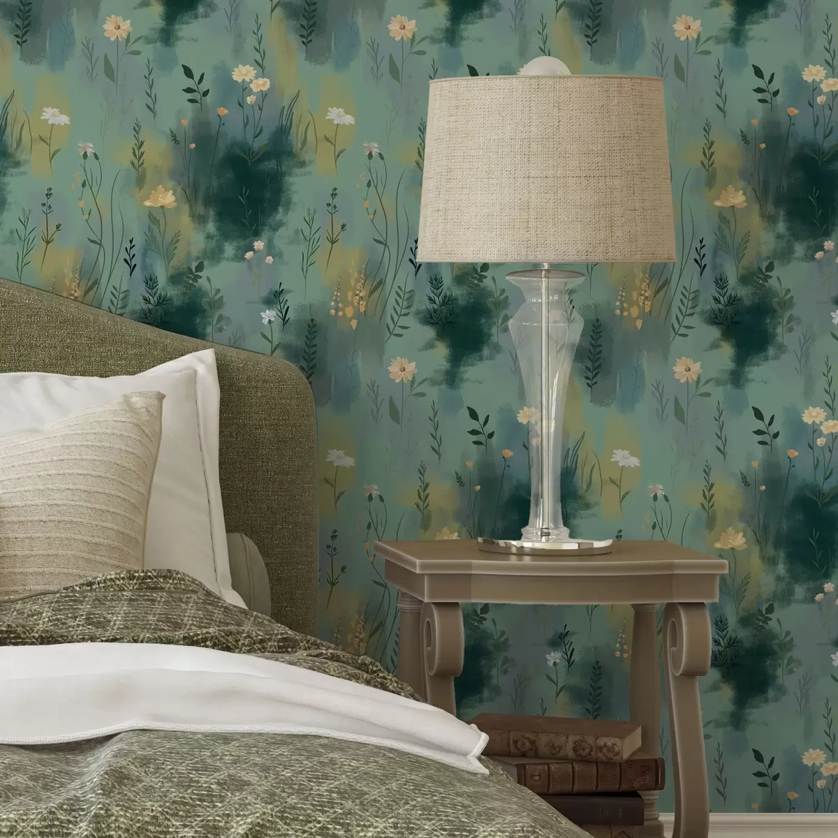 Tapete Aquarell Abstraktion mit Blumen auf grünem Hintergrund a00312