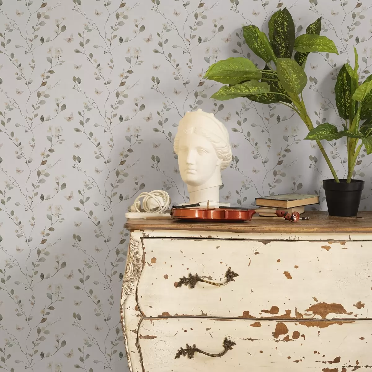 Tapete Dünne Zweige mit Blumen und Schmetterlingen auf weißem Hintergrund a00342