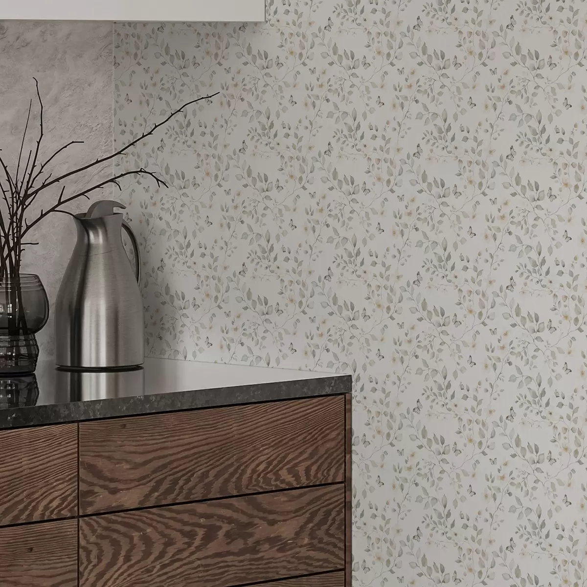 Tapete Leichte Zweige mit Blättern und Blüten in kleinen Wiederholungen a00343