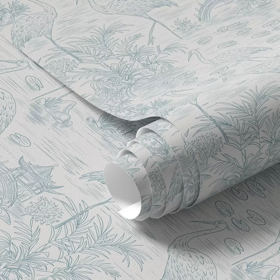 Fototapete Asiatische Landschaft mit Kranichen, Brücken und Lotusblumen a00405