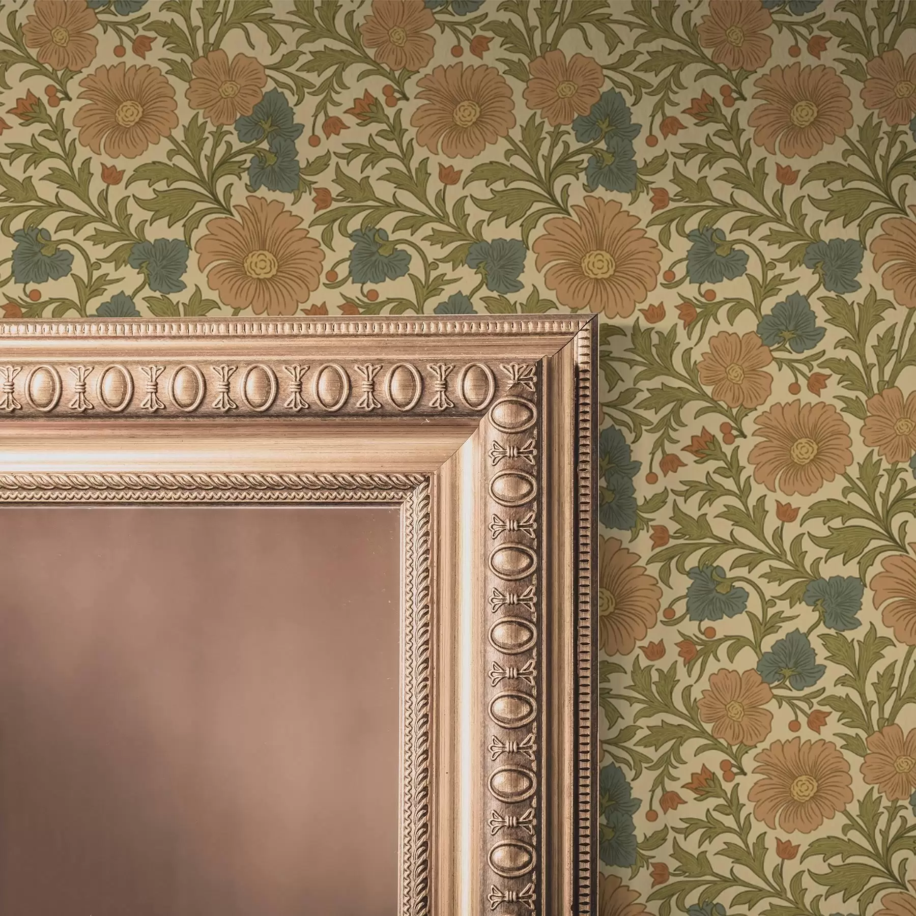 Fototapete Orangefarbene Blumen mit Blättern im Art Nouveau-Stil a00409