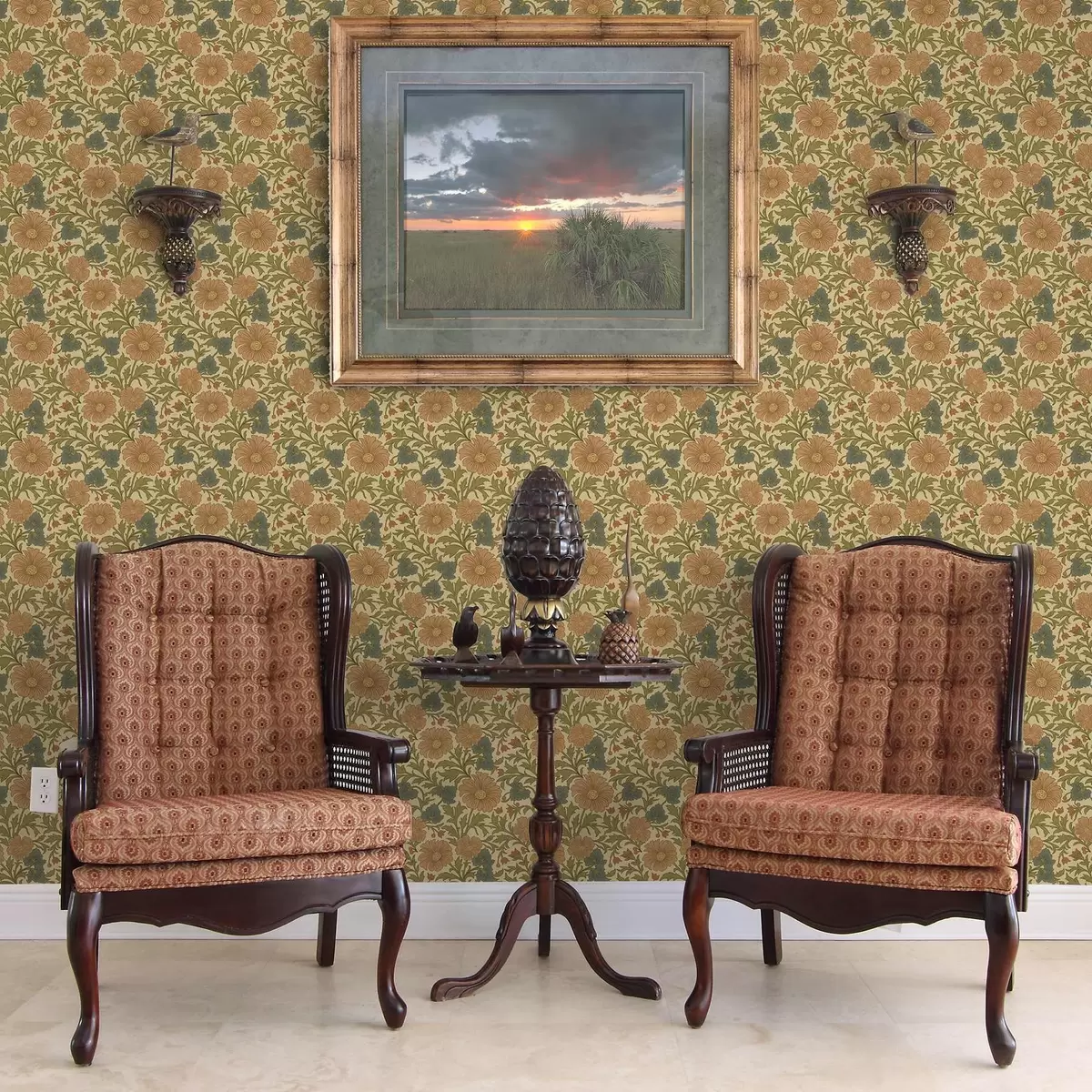 Tapete Orangefarbene Blumen mit Blättern im Art Nouveau-Stil a00409