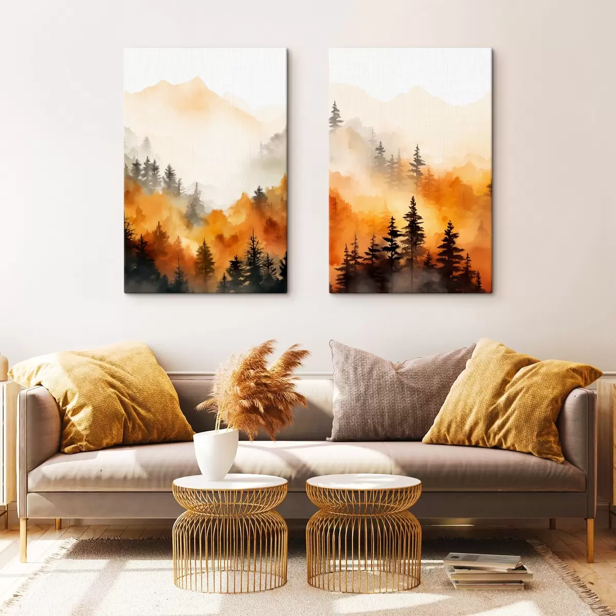 Wandbilder Eine Landschaft Aquarell Malerei Nachahmung eines Waldes mit hohen Kiefern und Berge im Hintergrund m00519