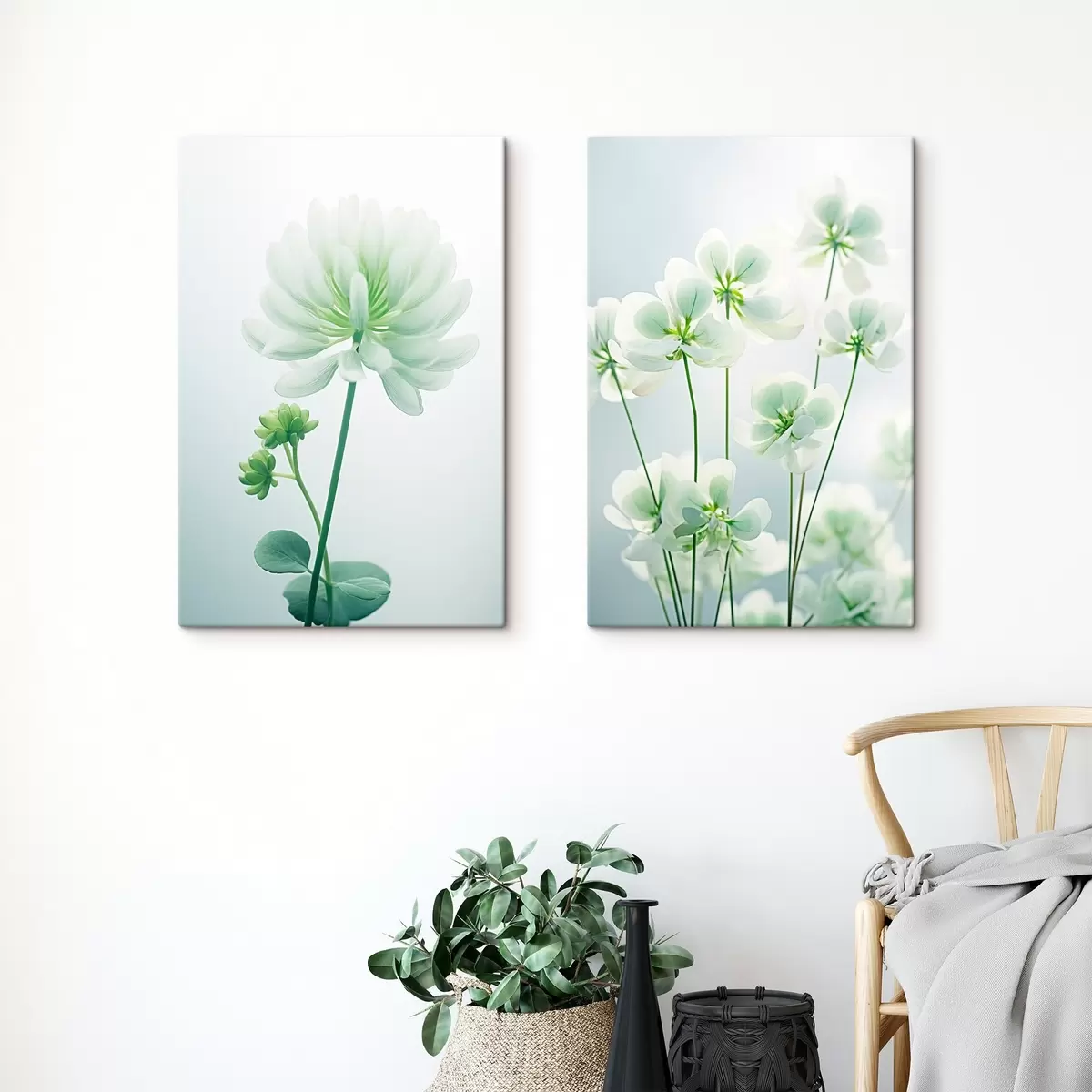 Wandbilder Weißer Klee Blumen mit grünen Stiel und Blätter, weiche Beleuchtung, sauberen Hintergrund, minimalistische Komposition, botanische m00520