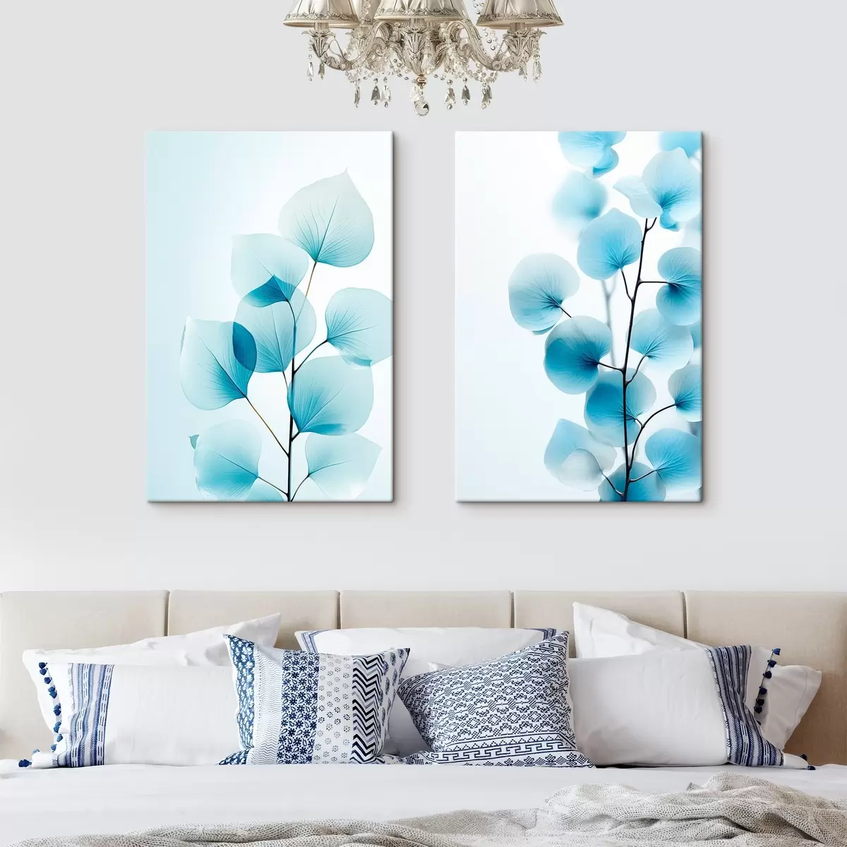 Wandbilder Zweig mit durchscheinenden blauen Blättern, zarte Adern sichtbar, leichte und ruhige Komposition, minimalistische Ästhetik m00522