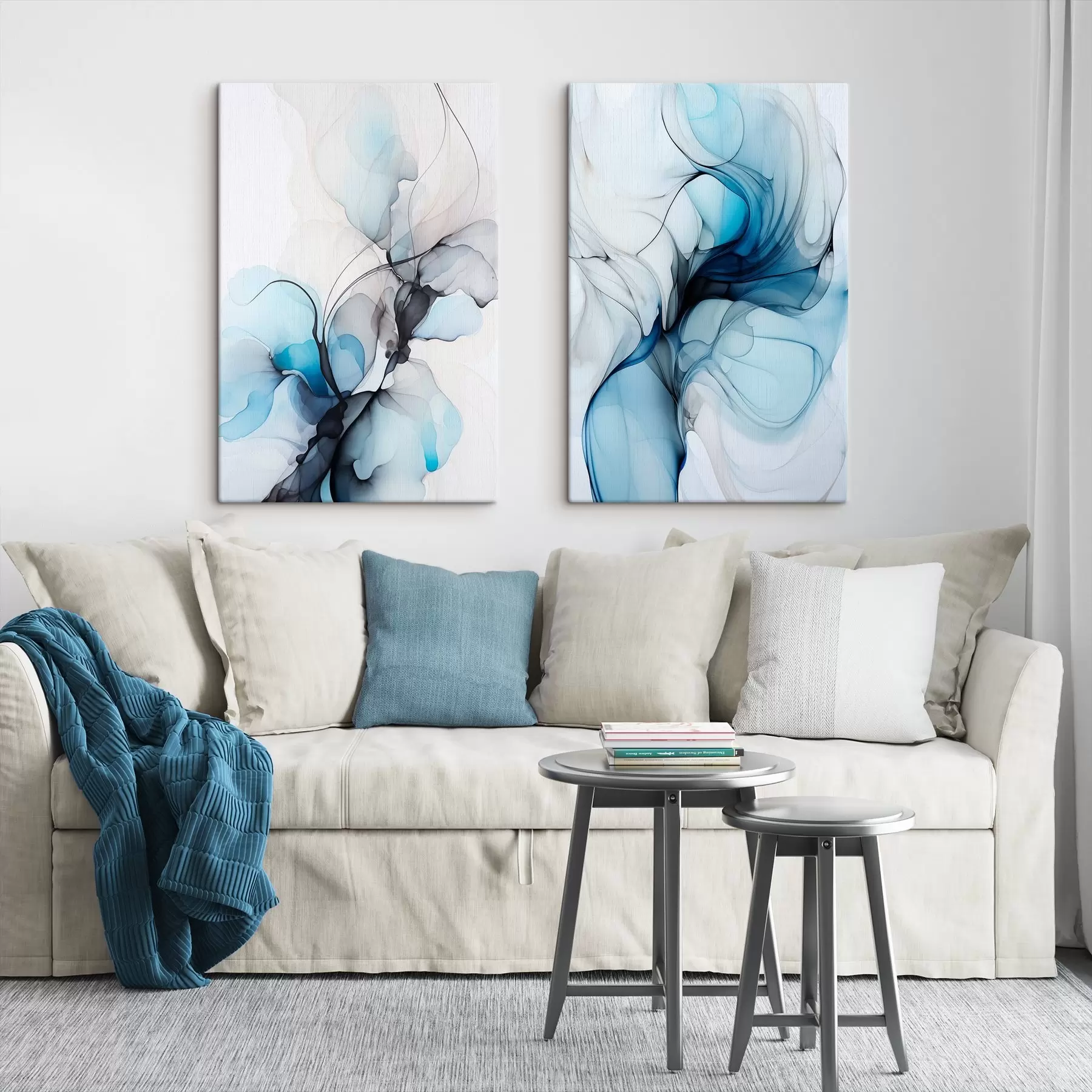 Wandbilder Abstrakte Komposition mit fließenden Linien und durchscheinenden Blütenblättern in blauen, weißen und beigen Farbtönen, Alkoholtintenimitation m00523