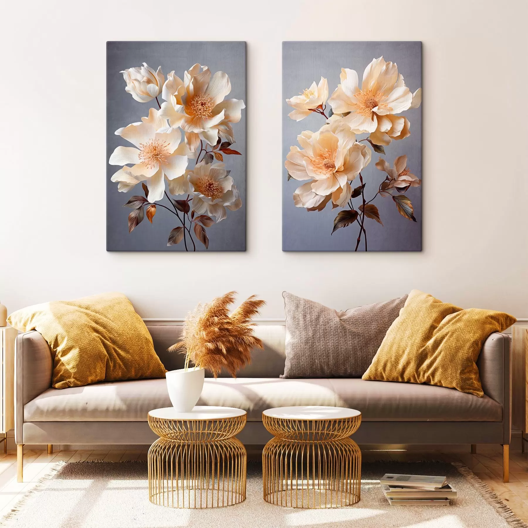 Wandbilder Texturierte Blumen mit orangefarbenen Blütenstempeln und orangefarbenen Blättern auf grauem Hintergrund, weiches Licht, elegant, detailliert, realistisch m00525
