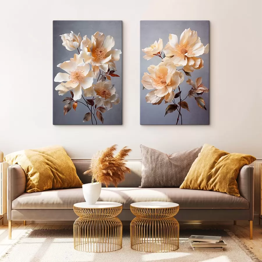 Wandbilder Texturierte Blumen mit orangefarbenen Blütenstempeln und orangefarbenen Blättern auf grauem Hintergrund, weiches Licht, elegant, detailliert, realistisch m00525