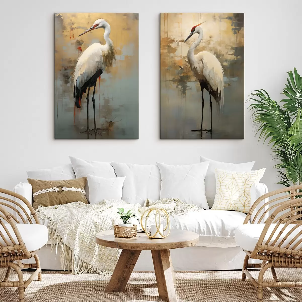 Wandbilder Weißer Reiher vor einem Hintergrund aus gedämpften Gelb-, Braun- und Blautönen, der an eine neblige, abstrakte Landschaft erinnert m00530