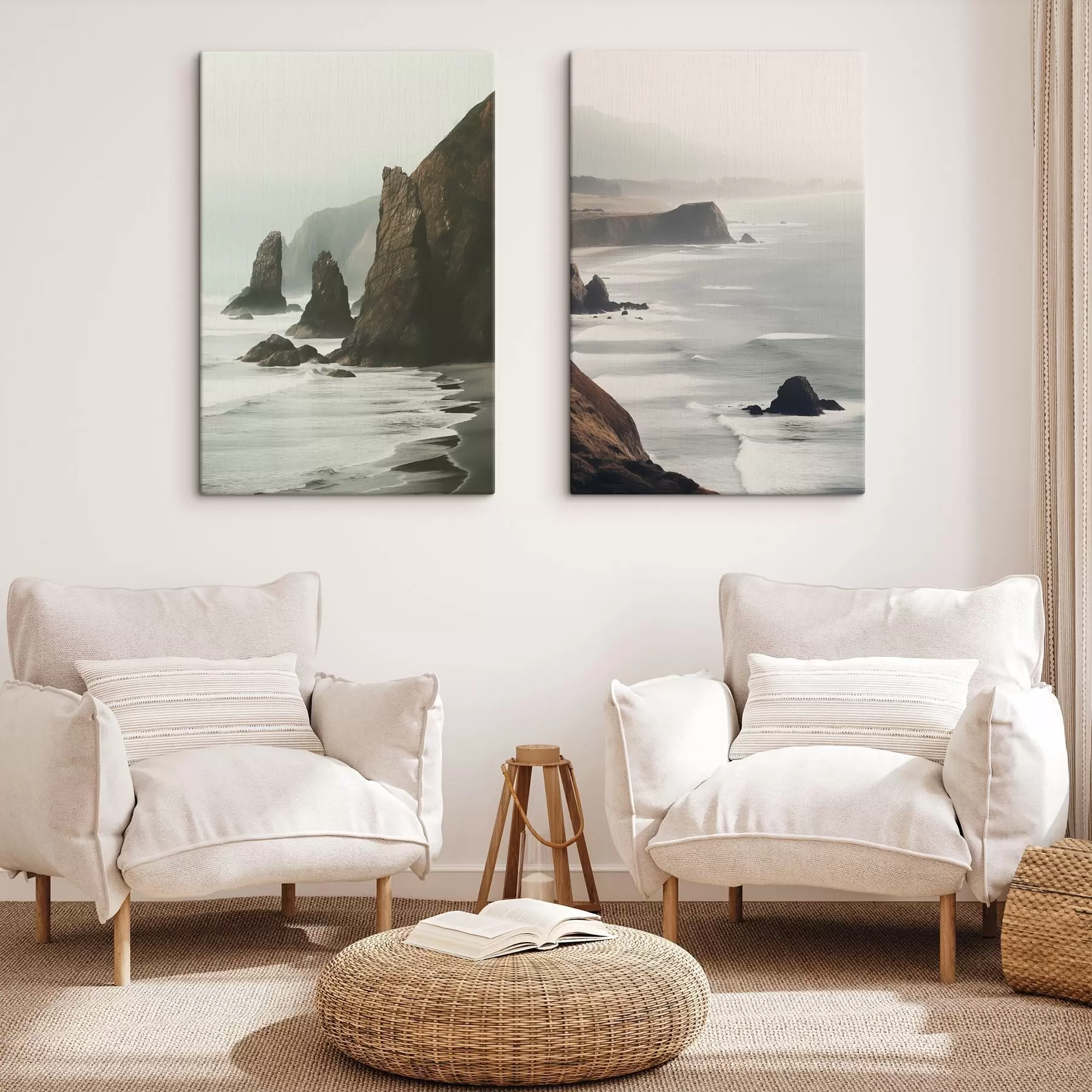 Wandbilder Felsige Klippen und Meeresküste, Wellen, die an das Ufer schlagen, Landschaft mit stimmungsvoller Atmosphäre, erdige Töne m00531