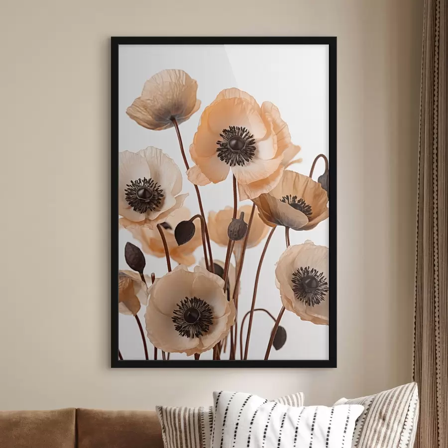 Fototapete Orangefarbene Mohnblumen, getrocknete Blumen vor einem hellen Hintergrund, weiche Beleuchtung, zarte Blütenblätter, Blumenarrangement f45168