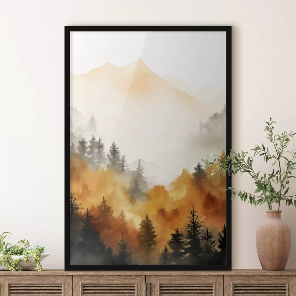 Poster Eine Landschaft Aquarell Malerei Nachahmung eines Waldes mit hohen Kiefern und Berge im Hintergrund f45169