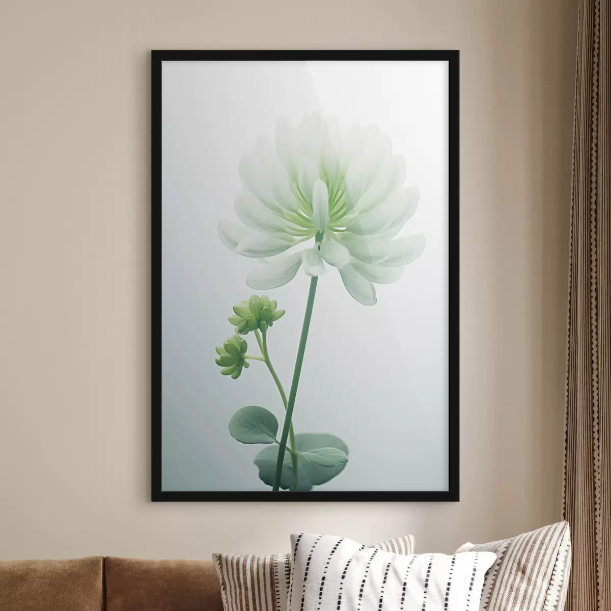 Poster Weißer Klee Blume mit grünen Stiel und Blätter, weiche Beleuchtung, sauberen Hintergrund, minimalistische Komposition, botanische f45171