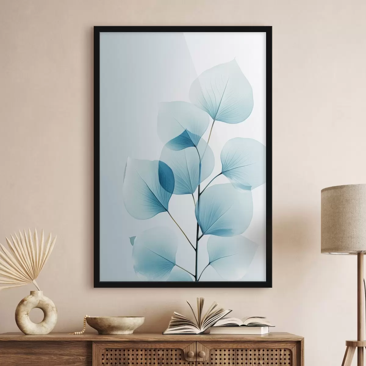 Poster Zweig mit durchscheinenden blauen Blättern, zarte Adern sichtbar, leichte und ruhige Komposition, minimalistische Ästhetik f45175