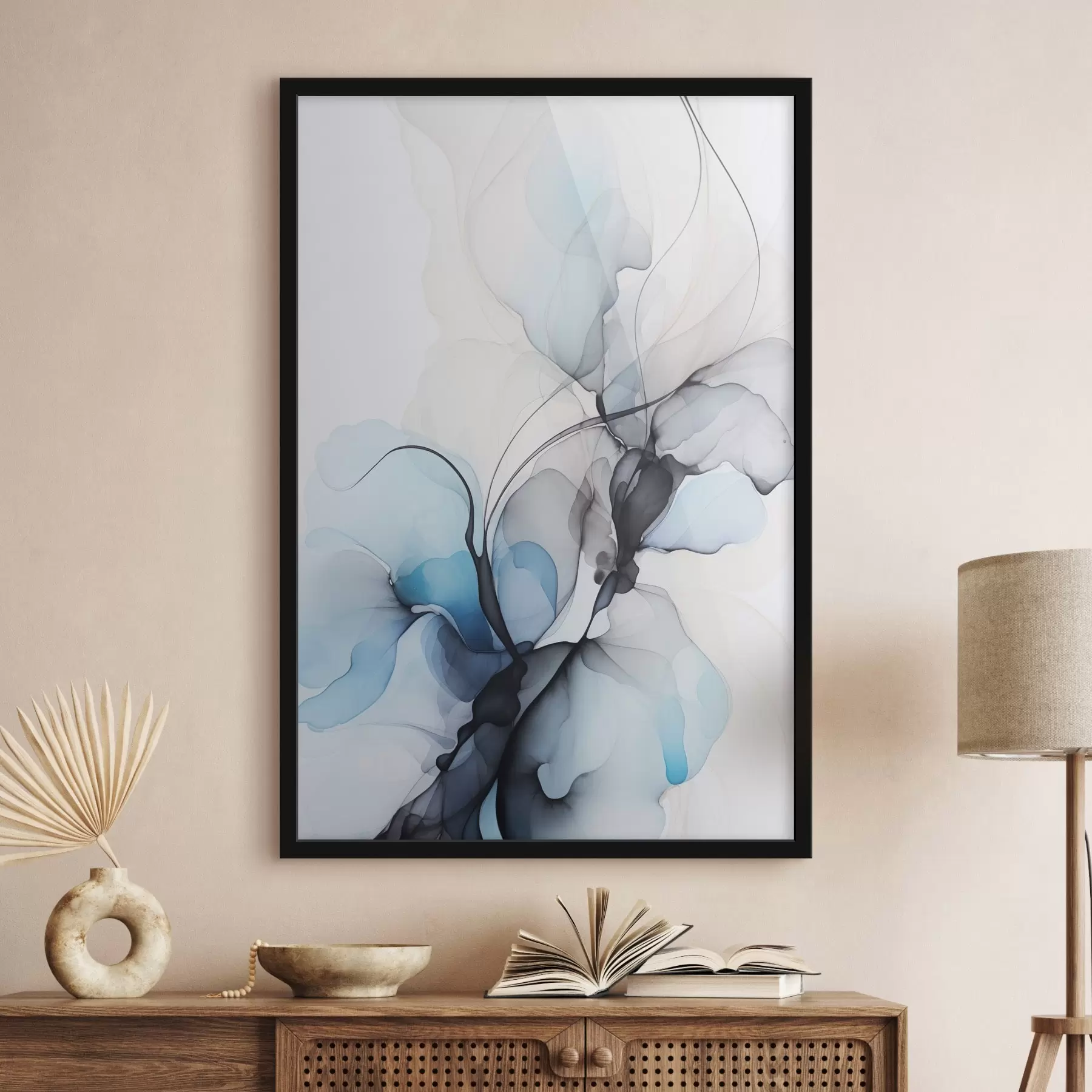 Fototapete Abstrakte Komposition mit fließenden Linien und durchscheinenden Blütenblättern in blauen, weißen und beigen Farbtönen, Alkoholtintenimitation f45177