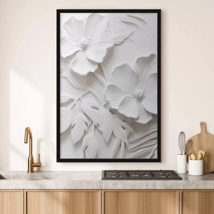 Fototapete Dekorative minimalistische weiße Blumen mit Blättern, Relief-Imitation, weißer Hintergrund f45179