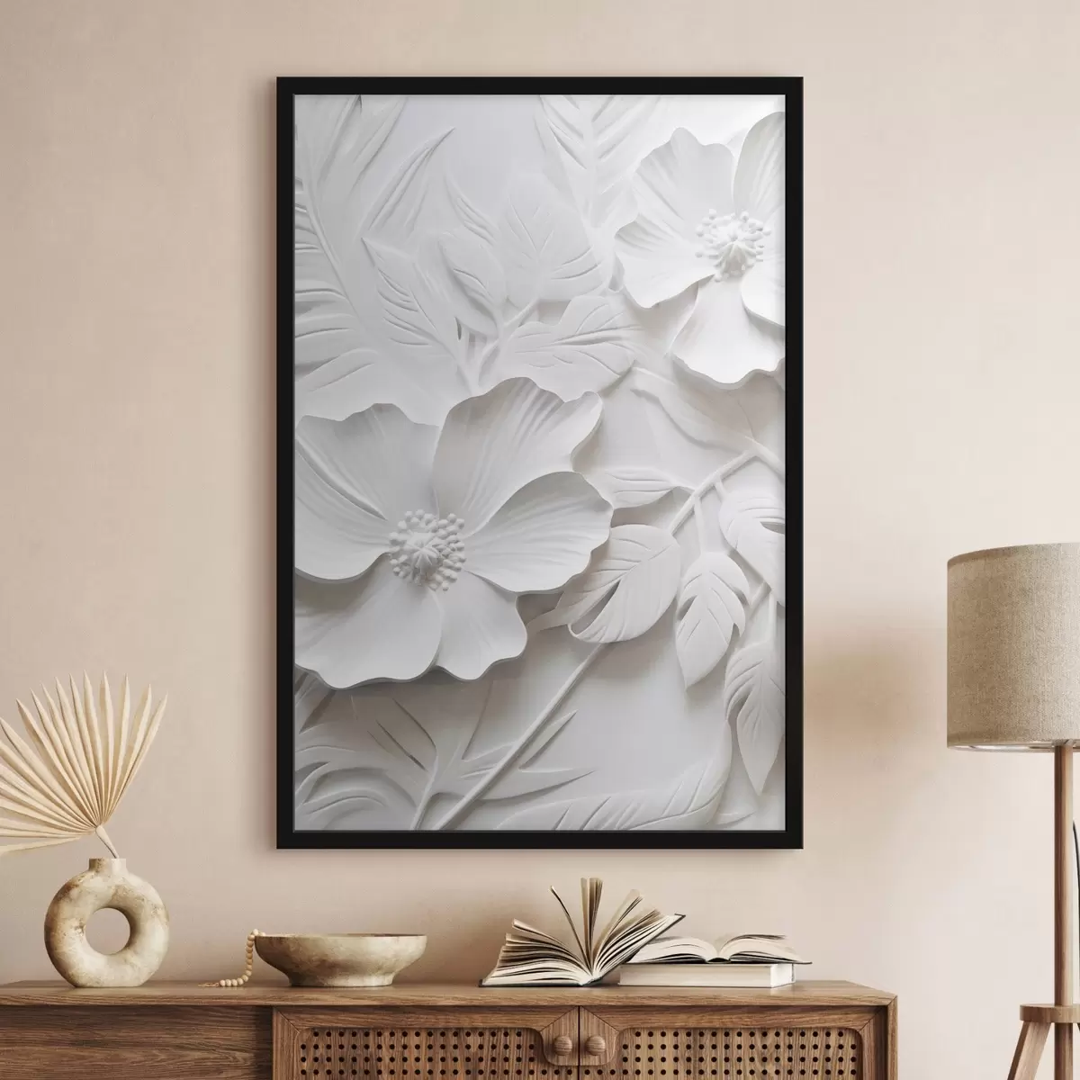 Poster Dekorative minimalistische weiße Blumen mit Blättern, Relief-Imitation, weißer Hintergrund f45180