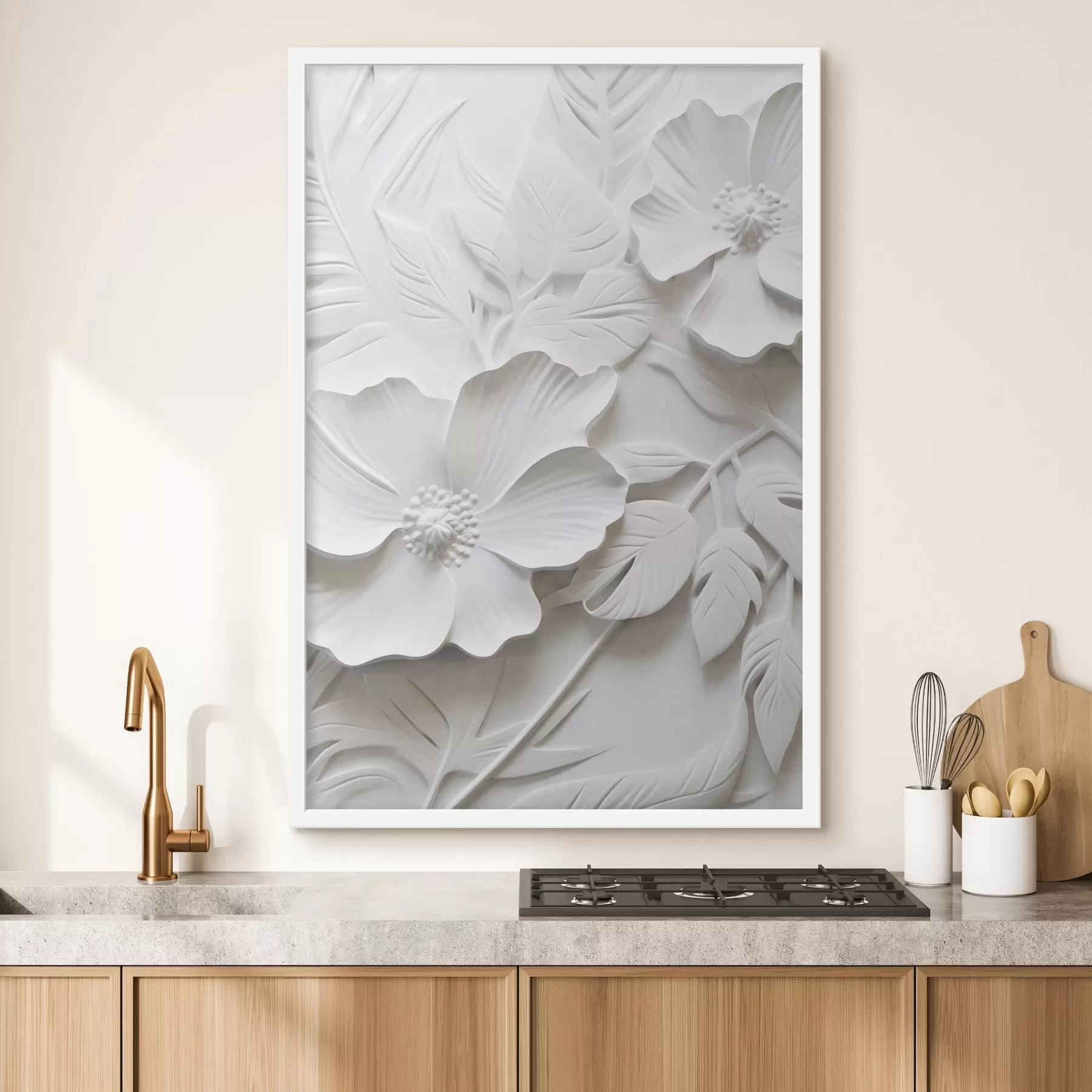 Fototapete Dekorative minimalistische weiße Blumen mit Blättern, Relief-Imitation, weißer Hintergrund f45180