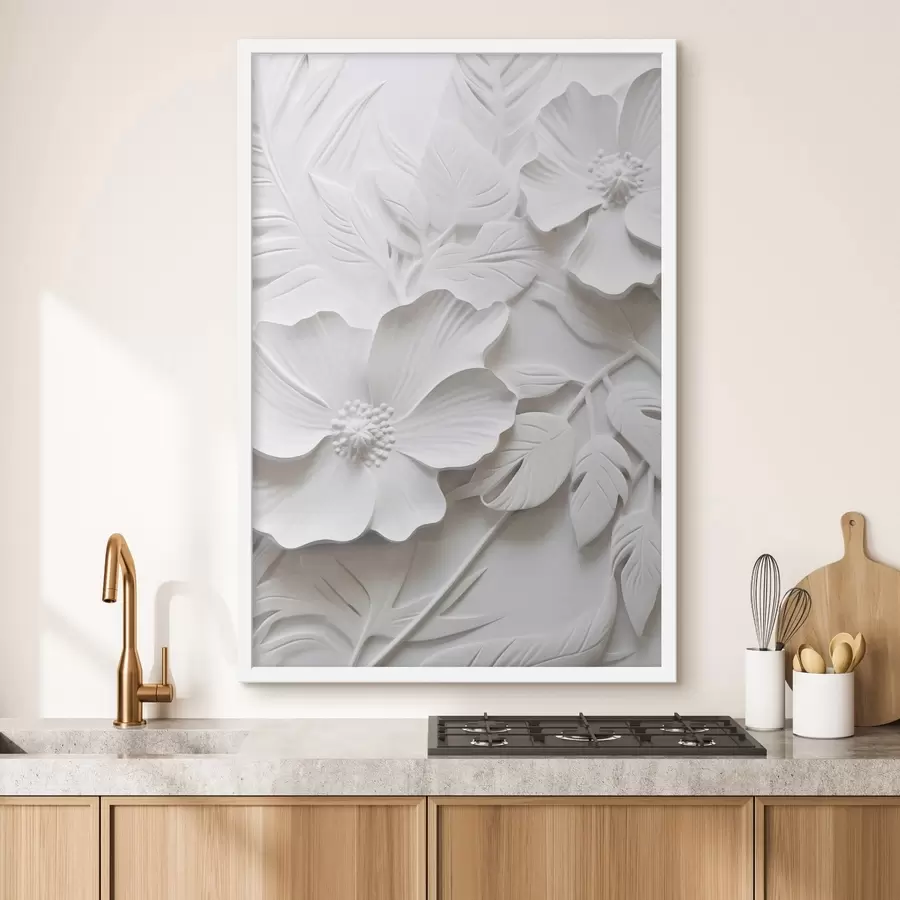 Fototapete Dekorative minimalistische weiße Blumen mit Blättern, Relief-Imitation, weißer Hintergrund f45180