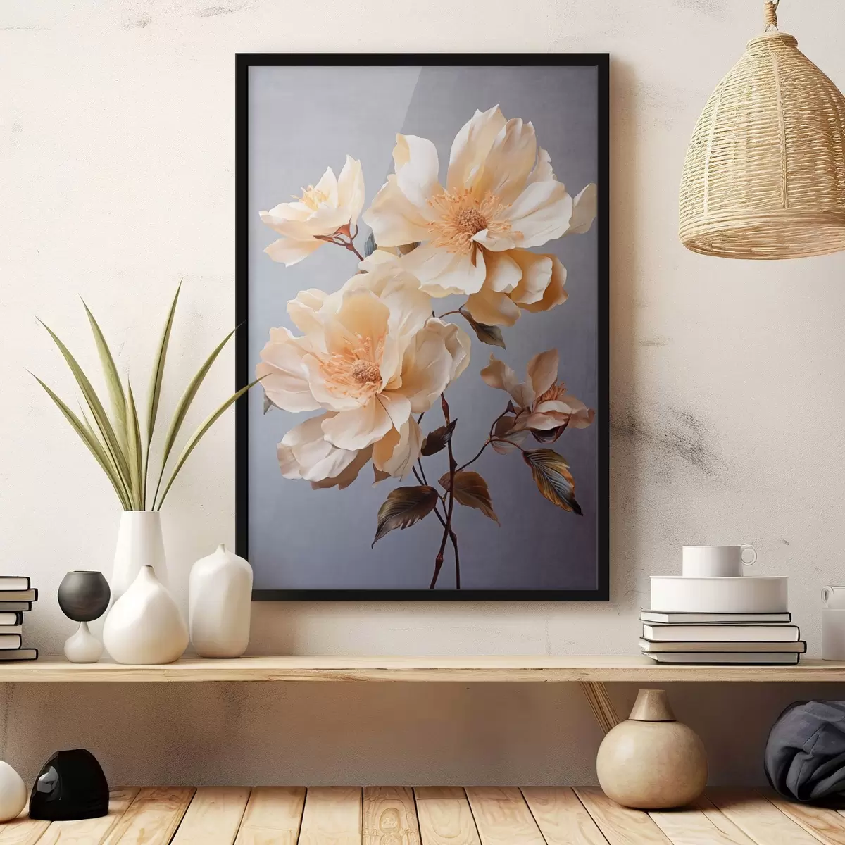 Poster Texturierte Blumen mit orangefarbenen Blütenstempeln und orangefarbenen Blättern auf grauem Hintergrund, weiches Licht, elegant, detailliert, realistisch f45182