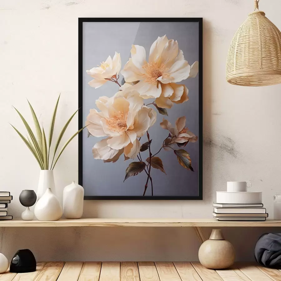 Fototapete Texturierte Blumen mit orangefarbenen Blütenstempeln und orangefarbenen Blättern auf grauem Hintergrund, weiches Licht, elegant, detailliert, realistisch f45182