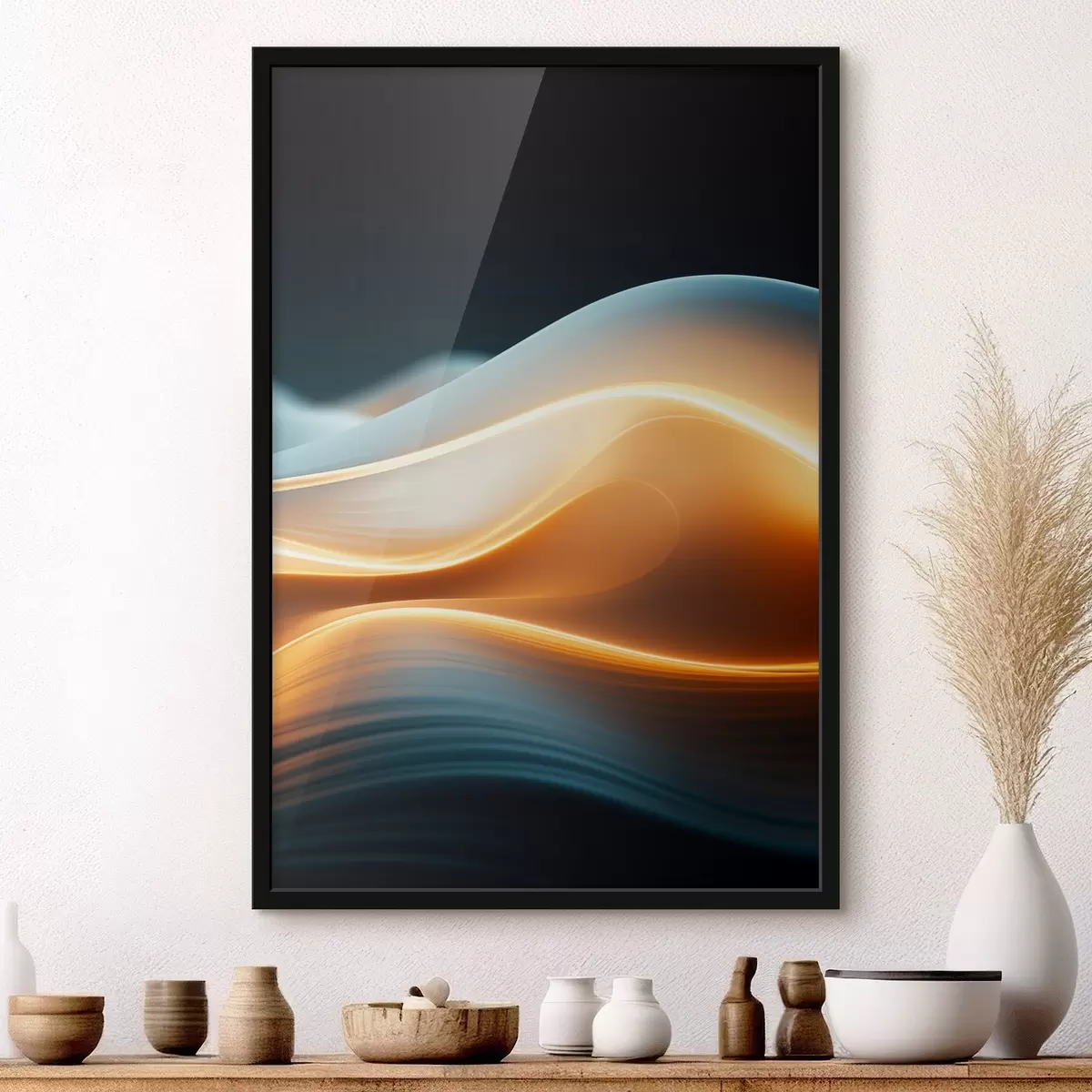 Poster Abstrakte fließende Formen mit orangefarbenen Linien, glatte Kurven und Linien, dynamische Komposition, dunkler Hintergrund f45183