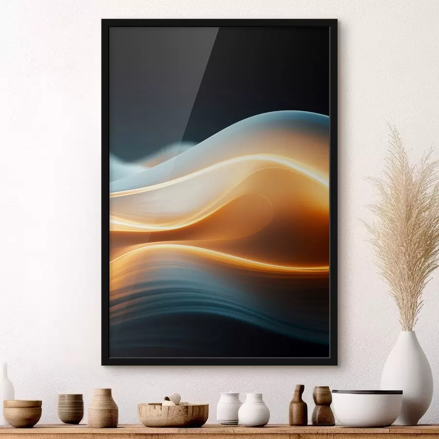 Fototapete Abstrakte fließende Formen mit orangefarbenen Linien, glatte Kurven und Linien, dynamische Komposition, dunkler Hintergrund f45183