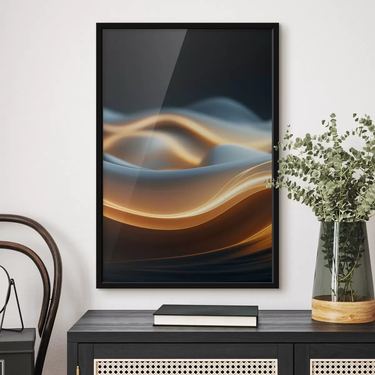 Poster Abstrakte fließende Formen mit orangefarbenen Linien, glatte Kurven und Linien, dynamische Komposition, dunkler Hintergrund f45184