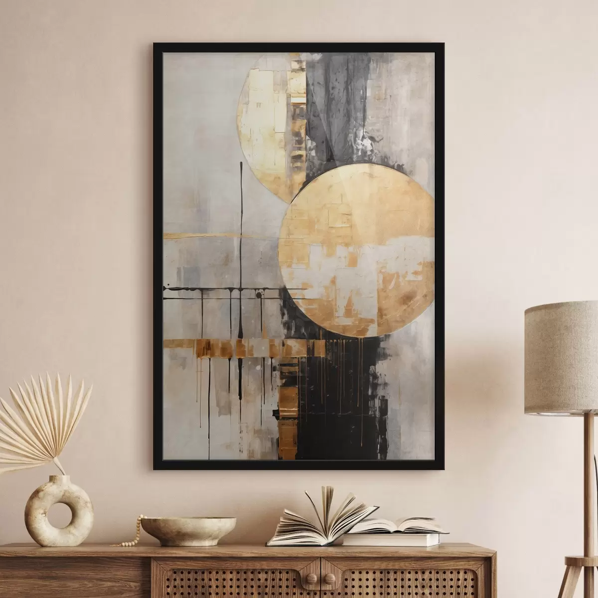 Poster Abstrakte Malerei mit Kreisen, schwarzen und gelben Linien und einem Hintergrund mit grauen und weißen Tönen f45185