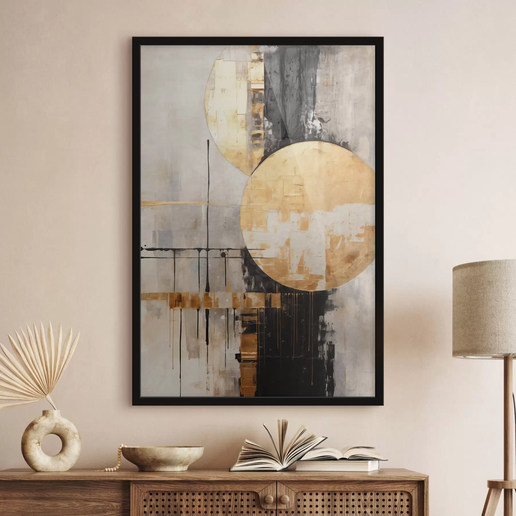 Fototapete Abstrakte Malerei mit Kreisen, schwarzen und gelben Linien und einem Hintergrund mit grauen und weißen Tönen f45185