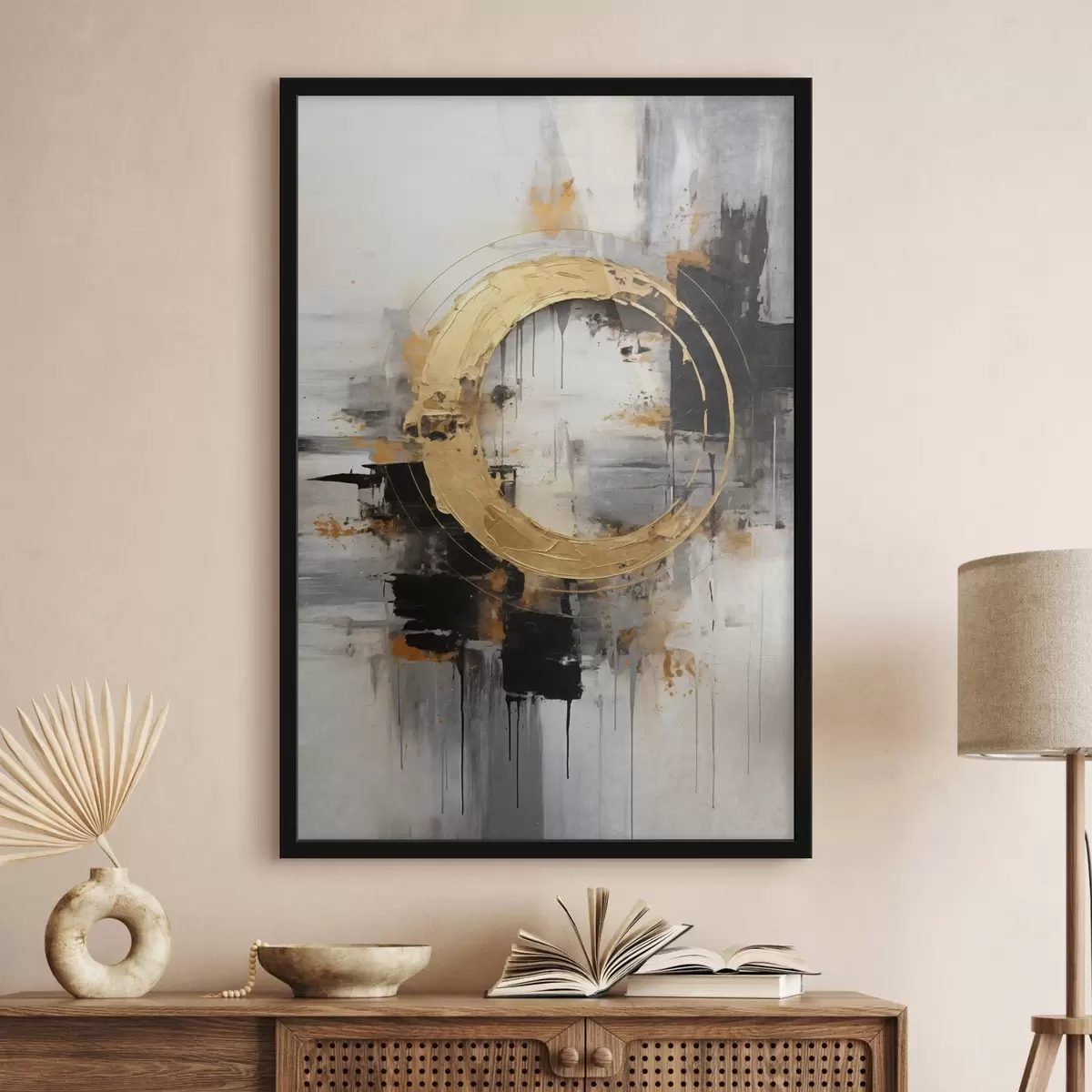 Poster Abstrakte Malerei mit Kreisen, schwarzen und gelben Linien und einem Hintergrund mit grauen und weißen Tönen f45186