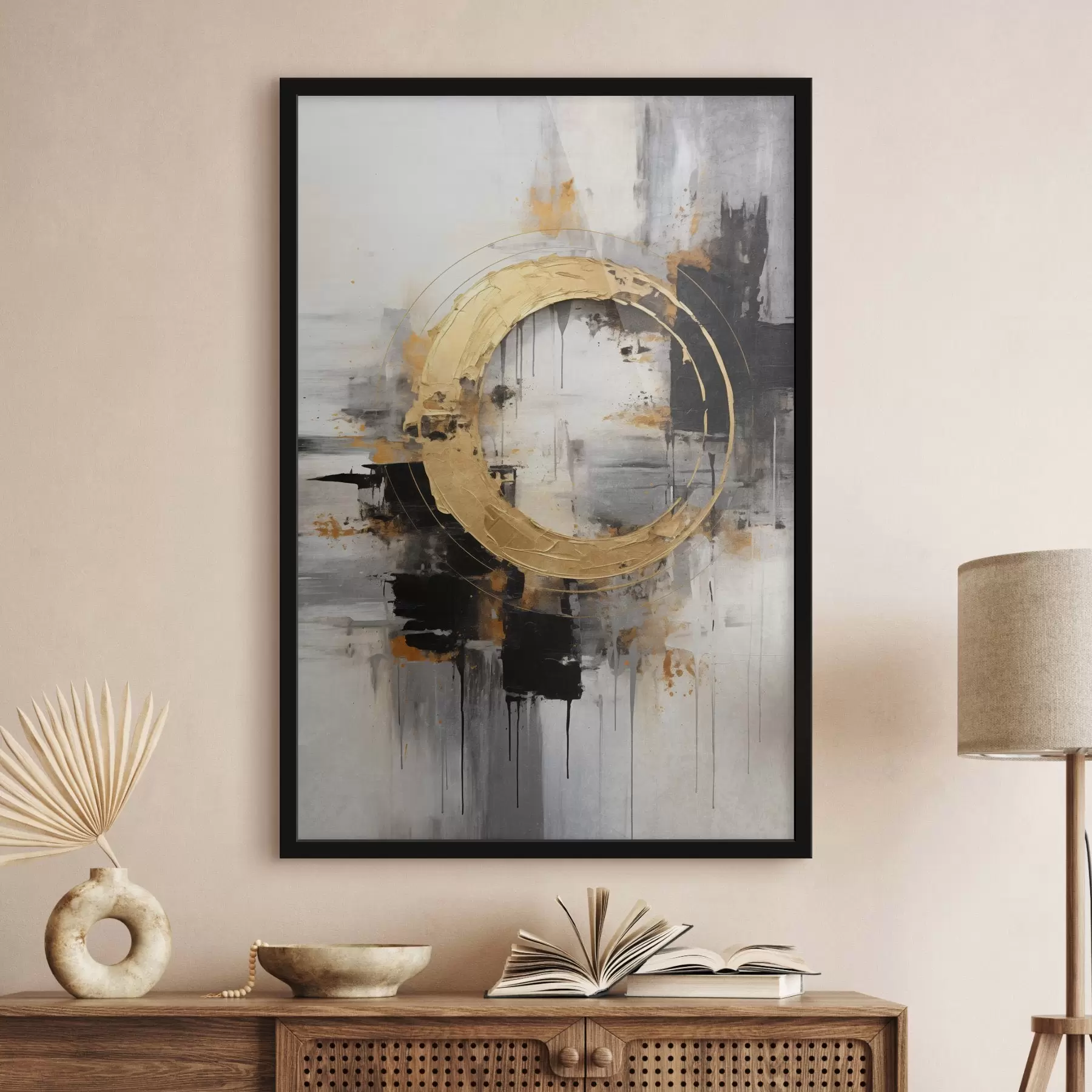 Fototapete Abstrakte Malerei mit Kreisen, schwarzen und gelben Linien und einem Hintergrund mit grauen und weißen Tönen f45186