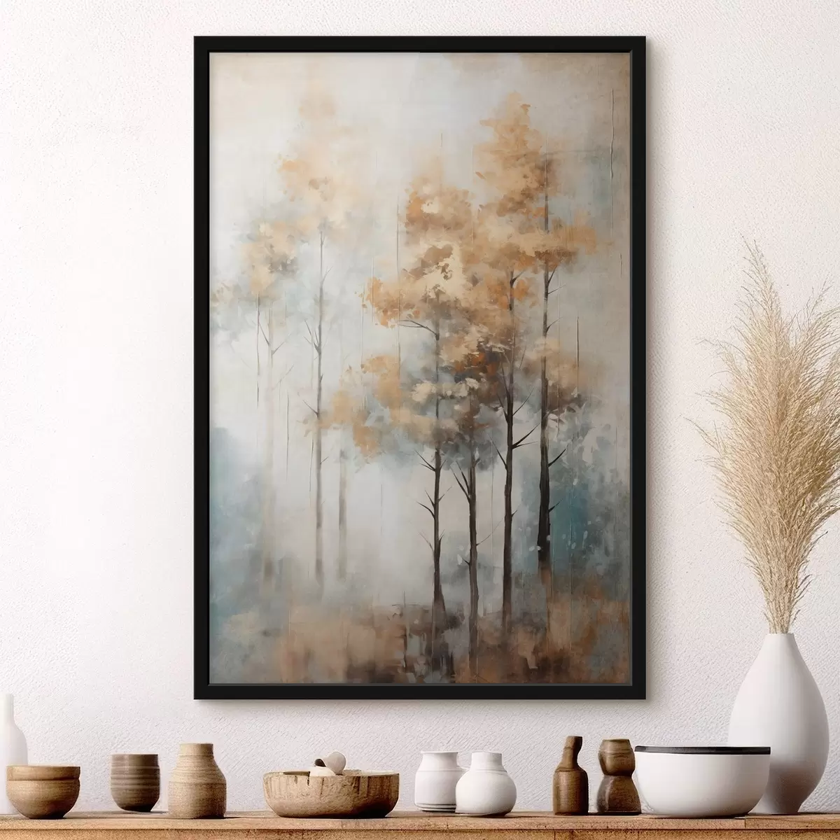 Poster Texturierte hohe Bäume mit gelben Blättern in einem Wald, der Hintergrund ist eine Mischung aus weichen Blau- und Brauntönen f45187