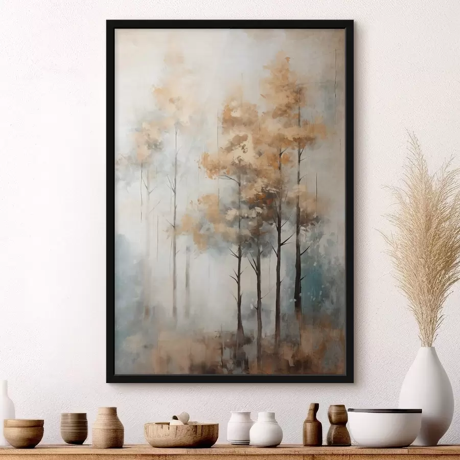 Fototapete Texturierte hohe Bäume mit gelben Blättern in einem Wald, der Hintergrund ist eine Mischung aus weichen Blau- und Brauntönen f45187