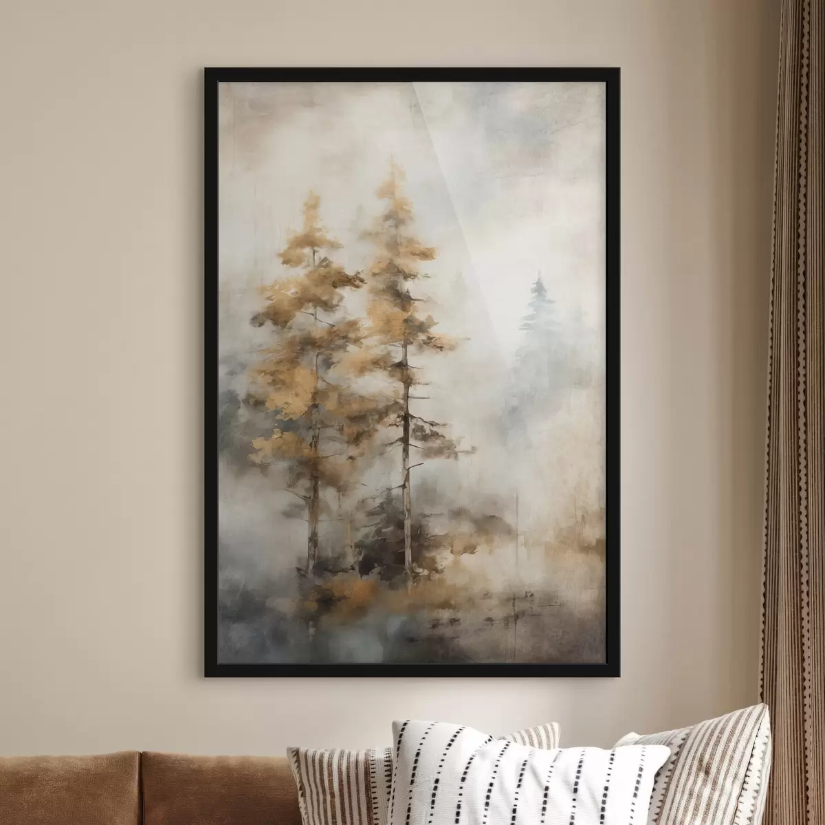 Poster Texturierte hohe Bäume mit gelben Blättern in einem Wald, der Hintergrund ist eine Mischung aus weichen Blau- und Brauntönen f45188