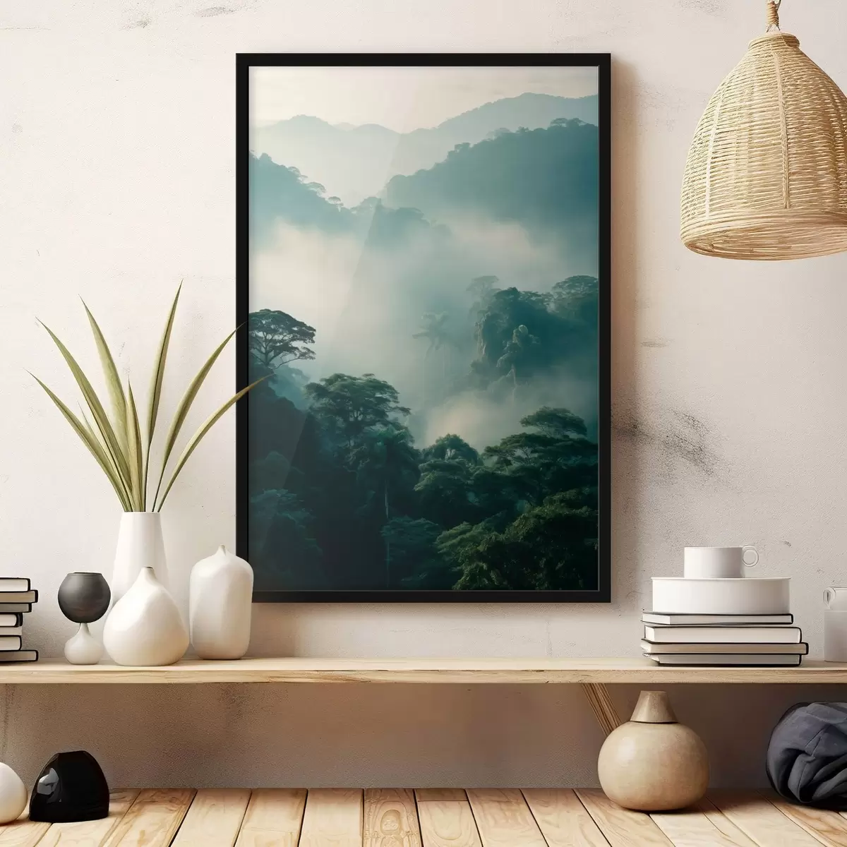 Poster Tropischer Regenwald mit üppig grünen Bäumen und einer dicken Nebelschicht, die eine stimmungsvolle Umgebung schafft f45189