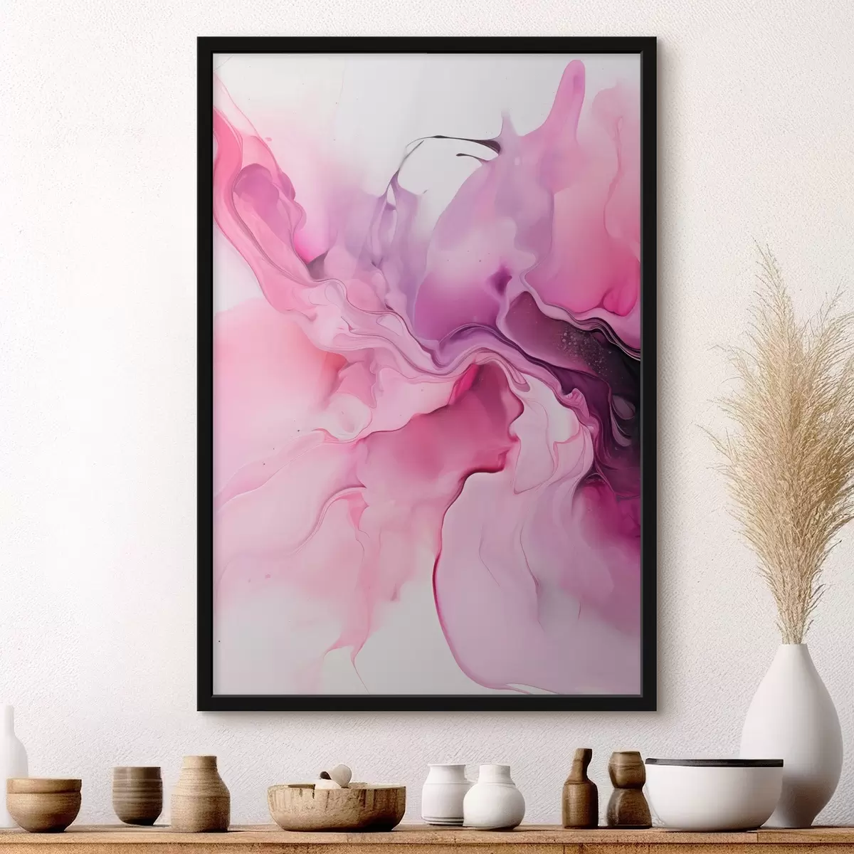 Poster Abstrakte Wirbel aus Rosa, Lila und Schwarz gehen in einer fließenden, organischen Komposition ineinander über und erzeugen ein Gefühl von Bewegung f45195