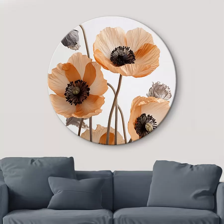 Wandbilder Orangefarbene Mohnblumen, getrocknete Blumen vor einem hellen Hintergrund, weiche Beleuchtung, zarte Blütenblätter, Blumenarrangement r45167