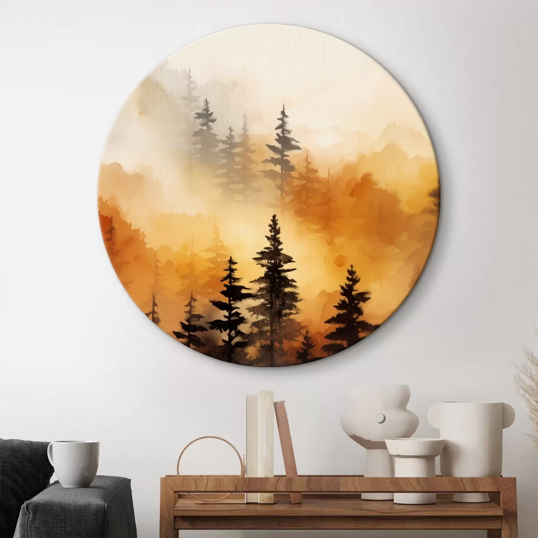 Wandbilder Eine Landschaft Aquarell Malerei Nachahmung eines Waldes mit hohen Kiefern und Berge im Hintergrund r45170