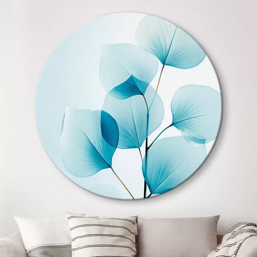 Wandbilder Zweig mit durchscheinenden blauen Blättern, zarte Adern sichtbar, leichte und ruhige Komposition, minimalistische Ästhetik r45175