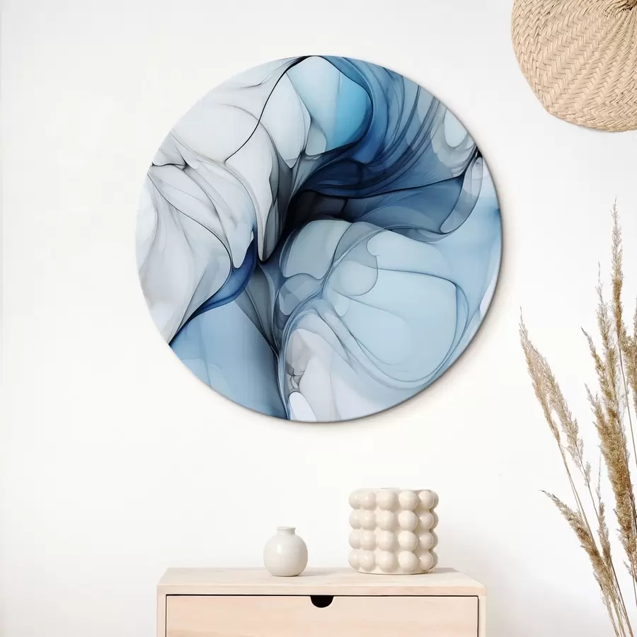 Wandbilder Abstrakte Komposition mit fließenden Linien und durchscheinenden Blütenblättern in blauen, weißen und beigen Farbtönen, Alkoholtintenimitation r45178